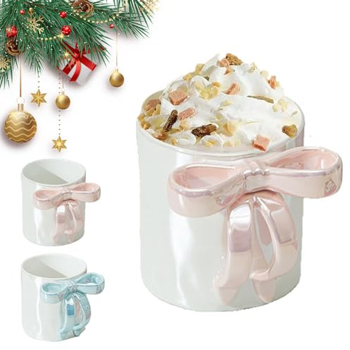 nnOuOnn Pink Bow Mug for Valentines Gifts, Cute Ceramic Coffee Mugs for Women, 350ml Large Coffee Cup with Bow Handle, Insulated Pottery Mug for Home Office