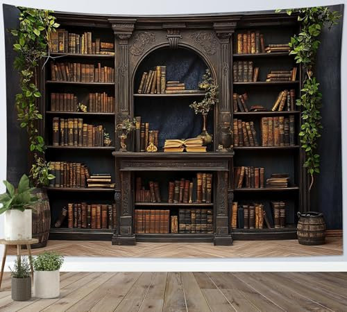 LB Wandteppich Vintage Bücherregal Wandtuch Braune Bücher Grüne Blätter auf Retro Regal Wandbehang Hexen Bibliothek Tapisserie für Wohnzimmer Schlafzimmer Wohnheim Wanddeko,150x130cm