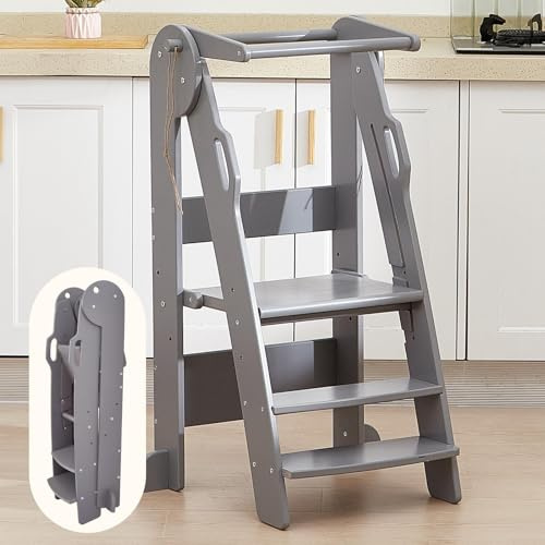 FUNLIO Foldable Toddler Step Stool for Kids 2-6 Years with 3-Level Adjustable Height, Folding Toddler Kitchen Stool with Safety Rails, Montessori Step Stool, Easy to Assemble - Grey