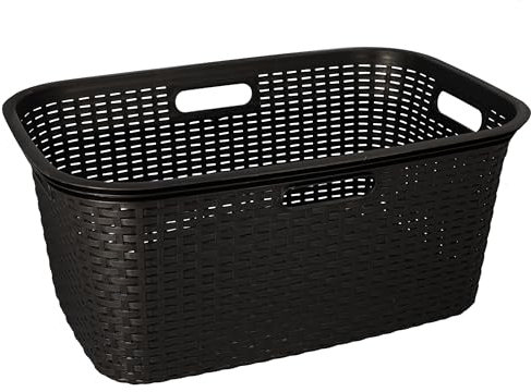 HRB Wäschekorb Plastik Rattan Optik, 40 L Wäsche Box Volumen, Wäschesammler mit 58,5 x 39 x 26 cm Außenmaß, Wäsche Sortierer groß, Aufbewahrungskorb (1, Schwarz)
