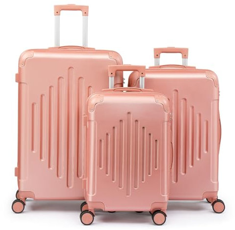 LEADZM Kofferset 3 teilig, Reisekoffer Set mit Eckenschutz, Koffer Set Hartschalen-Trolley aus ABS mit Teleskopgriff, Handgepäck, Diamantförmige Vertikale Streifen (Roségold)