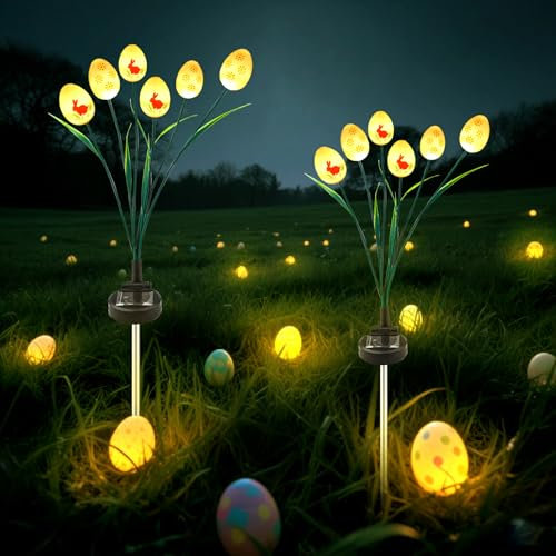 Liuyife 2 Stück Ostereier-Dekorationen für den Garten im Freien, 12 warmweiße LED-Ostereierlichter mit Hasenmuster, 2 Modi, IP65 wasserdichte Osterlichter für Balkon, Garten, Partygeschenke
