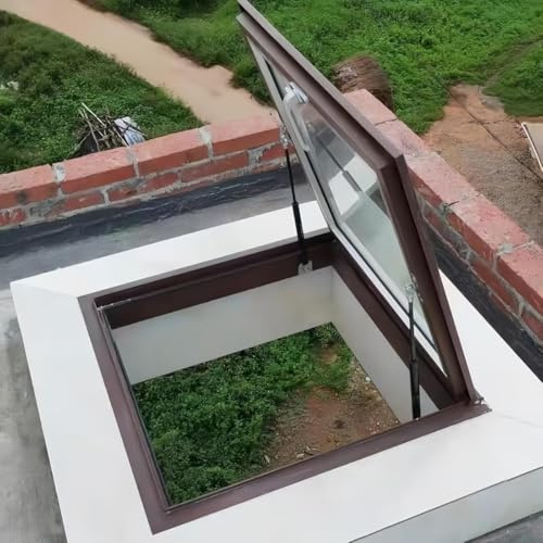 Dachfenster, horizontale Dachfenster, kleines Fenster in einem Gebäudedach, Aluminium-Ausstiegsdachfenster, Dachbodentreppen-Öffnungstür mit Gasdruckfedern und Verriegelungsgriff, für Dachbo