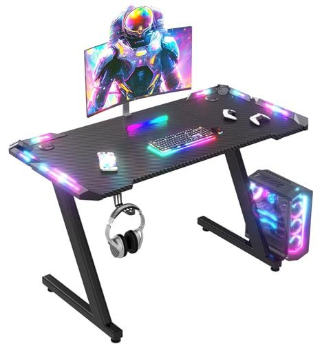 Scrivania Gaming LED 120x60 cm - Tavolo Gaming Ergonomico con Ganci per Cuffie e Piano in Fibra di Carbonio Nero, Scrivania per Computer Illuminazione RGB Regolabile, per Setup Gamer Professionale