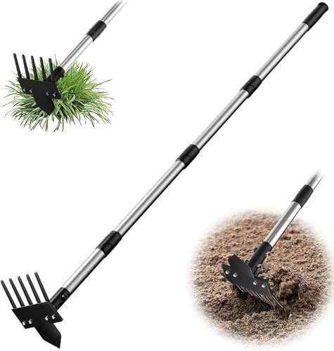 Weed Puller Tool with Long Handle, 2 in 1 Heavy Duty Manual Weed Rake and Garden Hoe, Weed Remover Gardening Tools, Weeding Tool for Yard, Lawn, Patio, Garden, Flower Bed