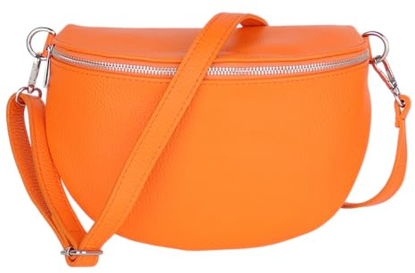 MIRROSI Damen Bauchtasche aus Echtleder, Made in Italy. Als Umhängetasche, Brust- oder Schultertasche tragbar, 26x20x8 cm, Reißverschlussfach hinten. (Orange Basic Version)
