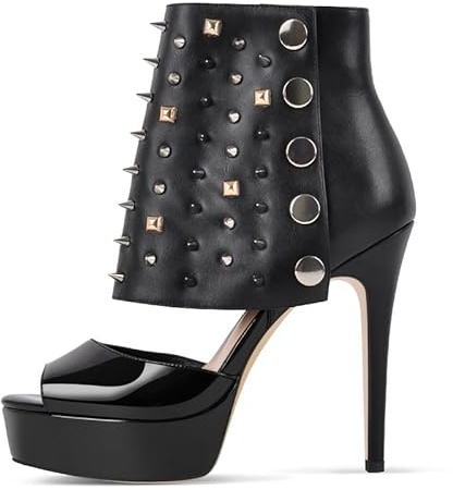 Meinabsatz Damen High Heels Stiletto Plateau Absatz Ankle Boots Schaftsandalen Kurzschhaft mit Metall-Details Peep Toe Schwarz 39 EU