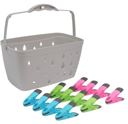 JVL Plastic Peg Basket, Grey with 48 Prism Soft Touch Clip Pegs, Multi
