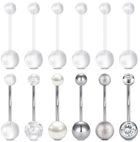 FECTAS Bauchnabelpiercings 6–32 mm Silber Edelstahl und Durchsichtiger Kunststoff Schwangerschafts Bauchnabelpiercing Hypoallergenes Kurzes und Langes Bauchnabel Piercing Schmuckstück