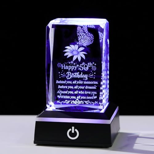 Ornalrist 50th Birthday Gifts for Women Mum Glass Keepsake with LED Base | 50 Year Old Birthday Presents, Luminous Plastic Colorful LED Base, Engrave Pattern Words, Home Ornament,for Gandma Friend Mum