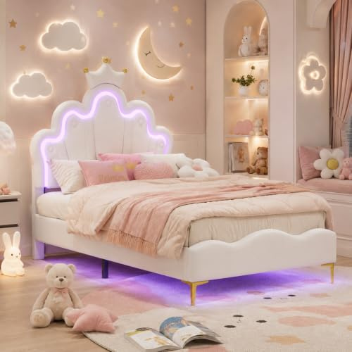 Einzelbett 90x200 cm, LED Bett Kinderbett Prinzessinnenbett für Mädchen, Polsterbett Jugendbett mit kronenförmiges Design und verstellbarem Kopfteil für Kinderzimmer, ohne Matratze (Weiße Krone)