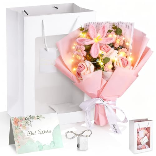 Bouquet Fiori Uncinetto, Fiori Artificiali Adatti come Idee Regalo per Festa della Mamma, Natale, Anniversario, Matrimoni, Compleanni e Decorazioni Domestiche, Completo di Sacchetti Regalo (Tulipano)