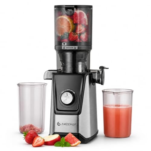 AMZCHEF Kaltpress-Entsafter, Slow Juicer mit 118 mm großer Einfüllöffnung für ganze Früchte und Gemüse, Doppelte Filtration für klareren Saft, Rücklauffunktion, Tropfstopp, 180 W, Silber