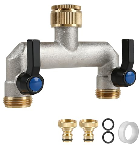 EXLECO Valvola Distributore D'acqua a 2 Vie in Ottone G3/4 con Adattatore 1/2, Manopola Metallo, per Outdoor Tap, Giardino Hose, Rubinetto Lavatrice e Lavastoviglie, Raccordo per Tubo Irrigazione