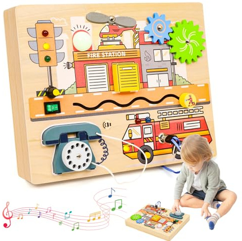 Wdmiya Montessori Busy Board ab 2 Jahr, Feuerwehr Holz Spielzeug | Motorikbrett Kleinkinder mit Licht & Schalter, Motorikspielzeug für Jungen Mädchen, Sensorik Reisespiele Auto Flugzeug