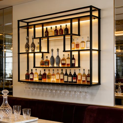Portabottiglie da Parete con luce LED, Portabottiglie in Metallo e Legno di Grande Capacità, Mensola Espositiva per Bottiglie di vino con Portabicchieri, per bar, sala da pranzo, cucina (160cm)