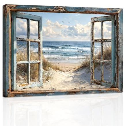Strand Aussicht 3D Fenster Effekt Leinwandbilder Mit Rahmen, Vintage Blau Küste Landschaft Bild Auf Leinwand Natur Strand Schilf Wandbilder Zuhause Wanddeko für Büro Wohnzimmer Schlafzimmer 40x60cm