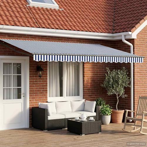 Ziaphsol Toldo eléctrico extensible azul blanco 4 x 3 m con LED sensor meteorológico marco de aluminio resistente a la intemperie para terraza, balcón, protección solar y protección contra la lluvia