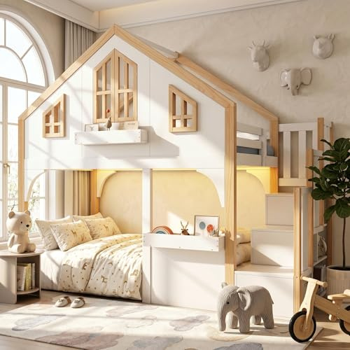 Mrwoo 3ft Bunk Bed with Storage Stairs, Wooden Bed with LED-Lighting, High Sleeper Children's House Bed Frame with Window & Roof, White, 90x190cm, (No Mattress)