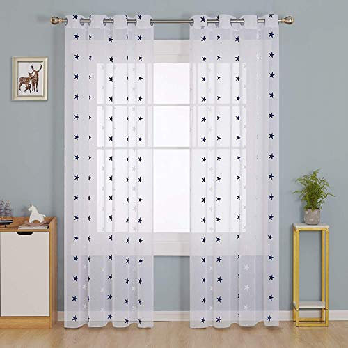 Deconovo Voile Gardinen Leinenoptik Ösenvorhang Dekoschal mit Stickerei 245x140 cm Stern Blau