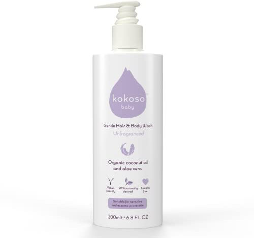 Kokoso - Baby Hair & Body Wash, Unfragranced - Natural Coconut Oil & Aloe Vera - Suitable for Sensitive & Eczema Prone Skin - 98% Naturally Derived, Safe from Birth - 200ml