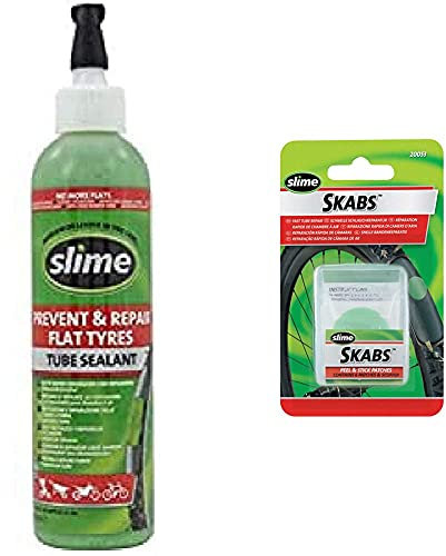 Slime 10015 Sellante de Reparación de Pinchazo de Neumático con Cámara de Bicicleta, Prevenir y Reparar + 20053 Kit de Parches Skab para Bicicletas, Reparación de Pinchazos de Neumáticos con Cámara