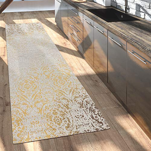 Paco Home Outdoor Teppich Balkon Terrasse Vintage Küchenteppich Orient Muster Rauten Ethno, Grösse:80x250 cm, Farbe:Gelb