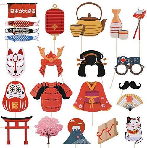 20pcs Fotomatón Props Fiesta Té Japonés Cocina Japonesa Sushi Restaurante Decoración Banquete Japonés Fiesta de Baile Accesorios de Foto
