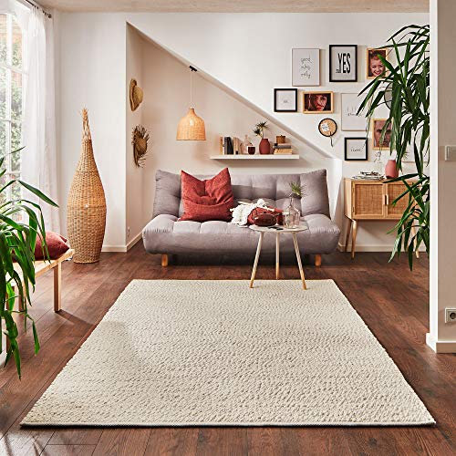 Steffensmeier Handwebteppich Rotach | Schurwolle Mit Fusselstopp, gewalkt, Natur Hell, handgewebt, Größe: 70x130 cm Wohnzimmer und Schlafzimmer