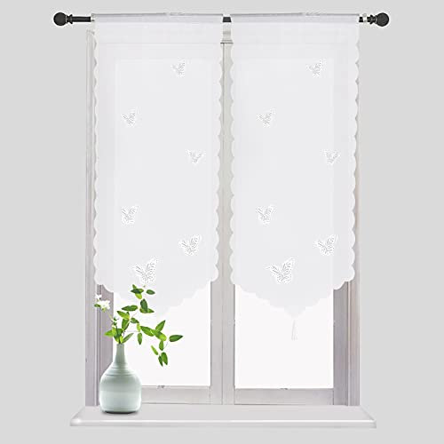 SMITHOOM 1 Panneau Rideau Transparent Voilages à Motif Papillons Pompons Décoratifs pour Cuisine Salle de Bains Petite Fenêtre Porte Blanc 60x120cm