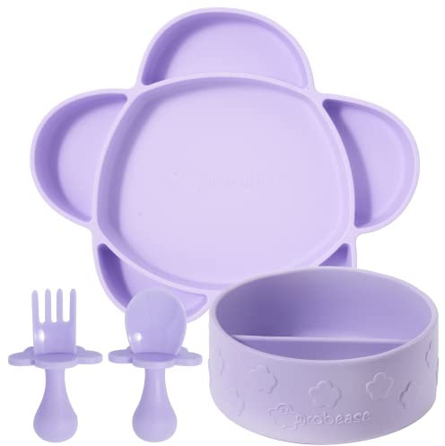 Grabease Ensemble d'alimentation pour bébé - Bol en silicone, assiette en silicone et ustensiles - Lavande, ensemble de 4 pièces