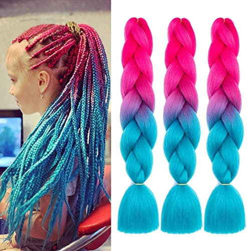 FANWYFYU Ombre Braiding Hair, 3 Pack Kanekalon Hair Braids Extension, Jumbo Braid Hair Extensions 24 Inches Braids Box Braid Hair Synthetic Hair for Braiding (Pfirsichrot-Marineblau)