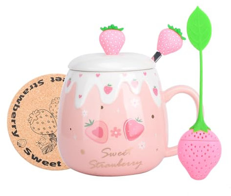 XinHuiGY Pink Mug,Cute Strawberry Cup with Cover Spoon,Ceramic Coffee Mug, Kawaii Cup for Tea Milk,Women Girls Student Korean Style 450ML Christmas Birthday Gift (Small Strawberry)