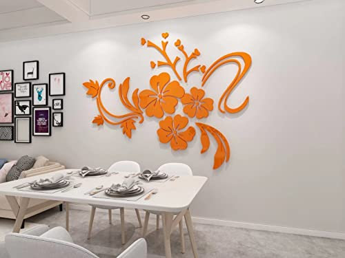 3D Adesivo da Parete Fiori Specchio DIY Adesivi Murali Acrilico Forma di Fiore Riflettente Adesivi Carta da Pareti Arte Decorativo per Camera da Letto Soggiorno Divano(Arancione S:90cm * 120cm)