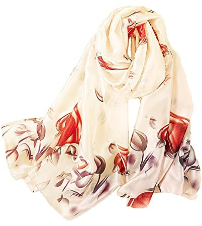 WEIGEER Silk Scarf Women Chiffon Shawl Stain Neckerchief Long Head Wrap Lightweight Scarf Ladies Hijab Belt Vintage Bridal Shawl Chiffon Scarf Muslim Cloth floral Christmas Scarf (White-Lotus)