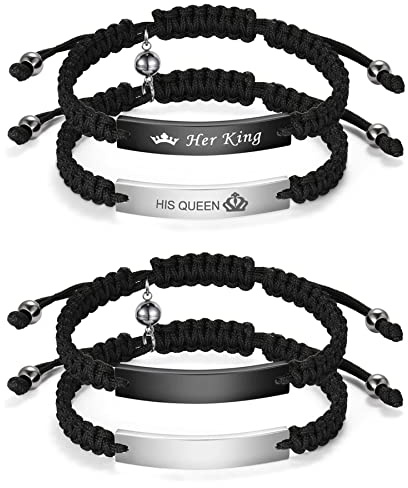JewelryWe Schmuck Pärchen Armband Lederarmband mit Her King His Queen Magnet Kugel Poliert Edelstahl Leder geflochten Partnerarmband Freundschaftsarmband Paar Armreif Verstellbar Schwarz Silber