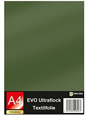 Evo Ultraflock Textilfolie für Plotter 33 Farben Flockfolie im Din A4 Format 30x20cm Plotterfolie für Stoff Kleidung T-Shirt Flock Folie Zubehör (1 Bogen, 023 Khaki)
