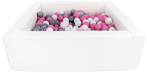 Velinda Bällebad Bällepool Bällebecken Spielbecken Kinderpool quadratisch 300 Bälle (Farbe des Pools/der Bälle: weiß/weiß, transparent, rosa, grau)