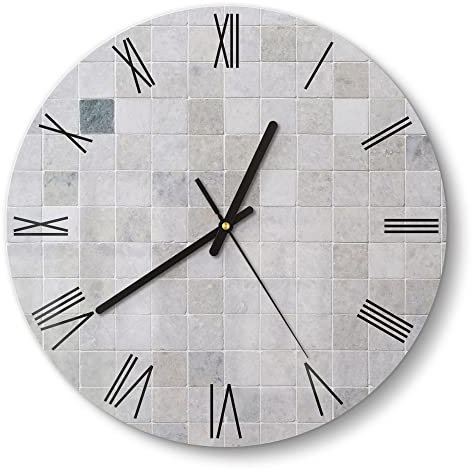 DEQORI Glasuhr | rund Ø 30 cm | Motiv Fliesenwand aus Keramik | ausgefallene leise Design Uhr aus Glas | Wanduhr für Wohnzimmer & Küche | Moderne Hingucker Uhr für die Wand