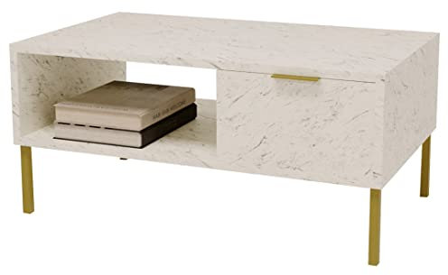 AKKE Gold Couchtisch für Wohnzimmer Beistelltisch Wohnzimmertisch Modern Sofatisch Kaffeetisch Deko Möbel für Wohnzimmer Wohnzimmertische Couchtische Weißer Marmor Mit Goldenen Beinen 92x45x50 cm