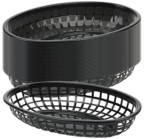 JAPCHET 30 PCS 8.93 x 5.63 x 1.57 Inch Black Fast Food Baskets, Oval Plastic Fast Food Serving Basket, Restaurant Serving Baskets for Burgers, Deli, Sandwiches, Fries