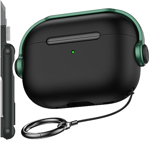 R-fun Custodia compatibile con Apple Airpods Pro (2023/2022/2019, 2a/1a generazione), cavo USB-C/Lightning, custodia per cuffie musicali con blocco di sicurezza e kit di pulizia,Nero/Verde