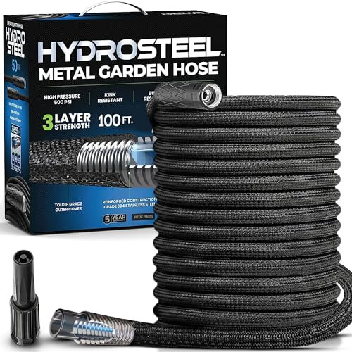 Hydrosteel 100 Ft Garden Hose, 3-Layer Metal Water Hose 100Ft Heavy Duty Stainless Steel Flexible, Lightweight, Crush & Kink Resistant Non Expandable Garden Pipe with 500 PSI AS SEEN ON TV