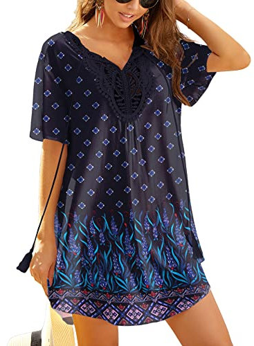 Ekouaer Bikini Cover Ups Bathing Suit Wrap V-Neck Beach Dresses Lace Swimsuit T Shirts Short Sleeve Black Boho L
