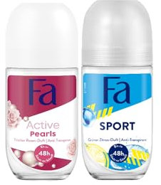 Fa Deo Roll-on Sport (50 ml) Anti-Transpirant zu 48h Schutz frischer Duft von grünem Zitrus & Deo Roll-on Active Pearls (50 ml) Schutz vor Schweiß & Körpergeruch Rosenduft