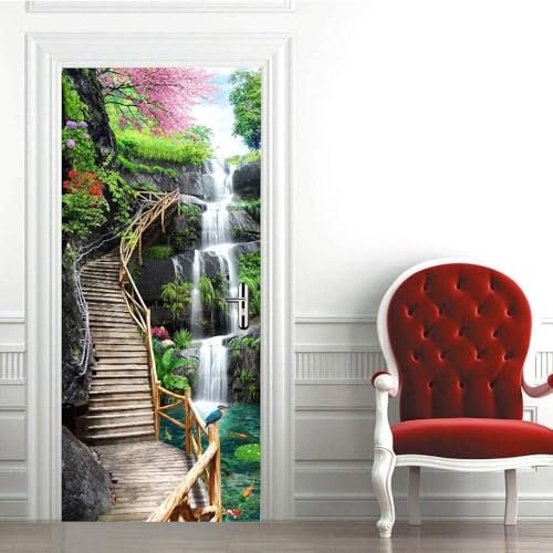 Art De La Porte 3D Autocollant De Porte Autocollant De Porte Poster De Porte Papier Peint De Porte Peinture Murale De Porte Autocollant De Porte Photo Paysage De Cascade De Falaise D'Escalier -3X2M6K4