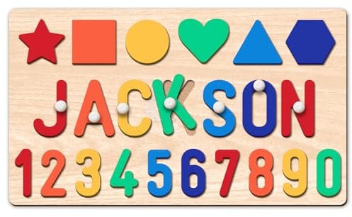 Personalised Name Puzzle for Kids With Engraved Text on Back, Alphabet Pegs, Baby 1st Birthday Gifts, Custom Wooden Montessori Toys for Toddlers 1-3