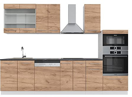 Vicco Küchenzeile Fame-Line, Goldkraft Eiche/Weiß, 300 cm mit Hochschrank, AP Anthrazit