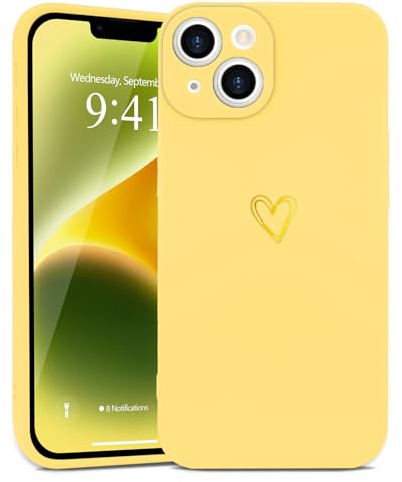 Wirvyuer for iPhone 14 Plus Cute Heart Case for Women, Yellow | Skin-feel Soft Silicone, Love-Heart Pattern Design Phone Case, Shockproof Protective Slim TPU Bumper Cover for Girls