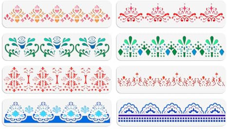 NBEADS 8 Stück BLUMENNn Spitze Malerei Schablonen, 30x7.6cm Wiederverwendbare Schablone zum Zeichnen Grenze Schablone Dekorative Schablone für Malerei auf Holz Stoff Papier Wände Leinwand Möbel